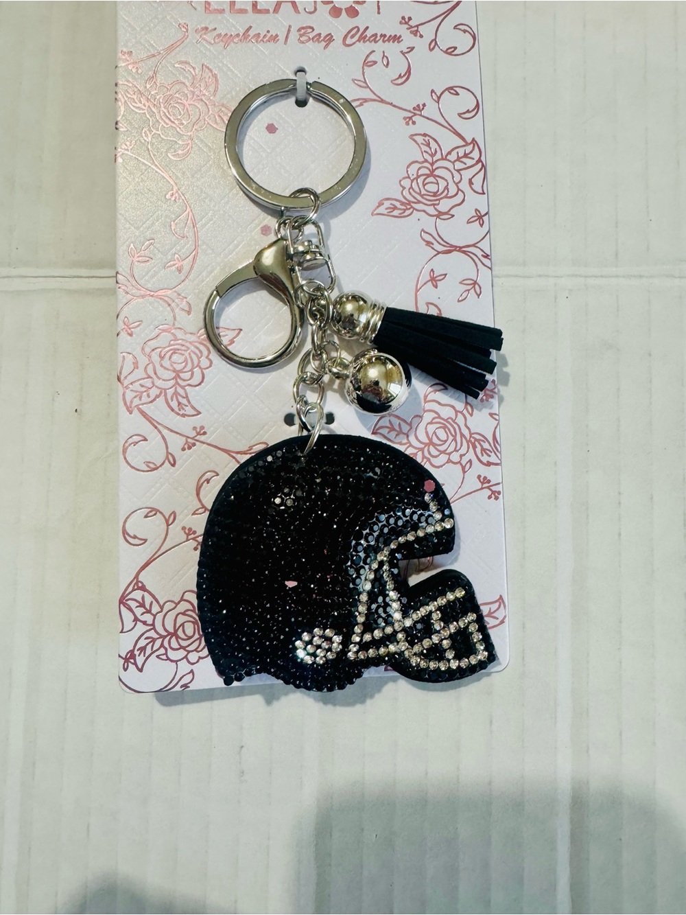 ELLA JOY BLACK HELMET bag charm and  Keychain with Tassel BNWT
